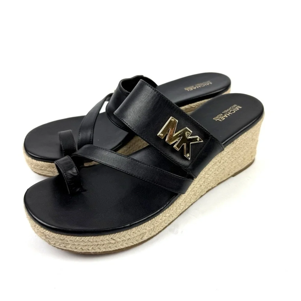 Michael Kors Jilly Espadrille Wedge 8.5 Black Leather Slip On Gold Logo Sandals